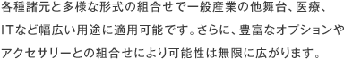 各種諸元と多様な形式の組合せで一般産業の他舞台、医療、ITなど幅広い用途に適用可能です。さらに、豊富なオプションやアクセサリーとの組合せにより可能性は無限に広がります。