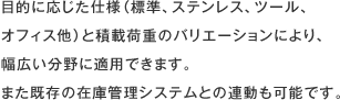 目的に応じた仕様（標準、ステンレス、ツール、オフィス他）と積載荷重のバリエーションにより、幅広い分野に適用できます。また既存の在庫管理システムとの連動も可能です。
